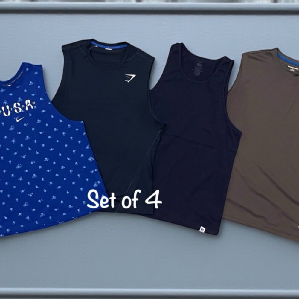 Set of 4 Men's Size Large Athletic Tank Tops: Includes Nike and Gym Shark